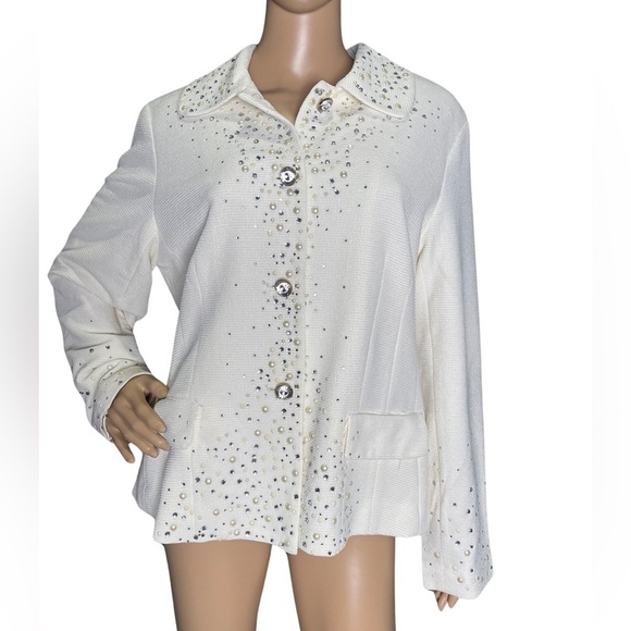 JOAN RIVERS Crystal & Pearl Embellished Cream Long Sleeve Jacket Size Large - Picture 1 of 13